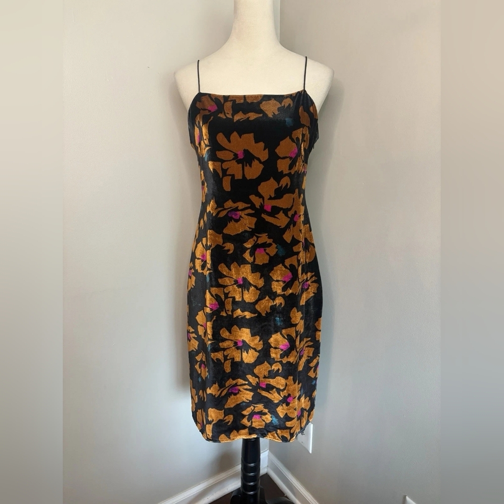 Black Floral Slip Dress with Gold and Pink Accents